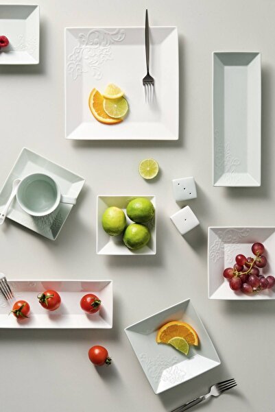 Karaca Trend Emboss 32 Parça 6 Kişilik Porselen Kahvaltı / Servis Takımı Kare...