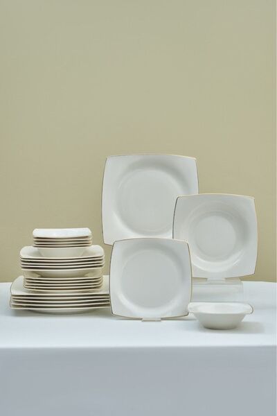 Karaca Square Bone Mensa 24 Piece Porcelain Dinner Set for 6 People Gold