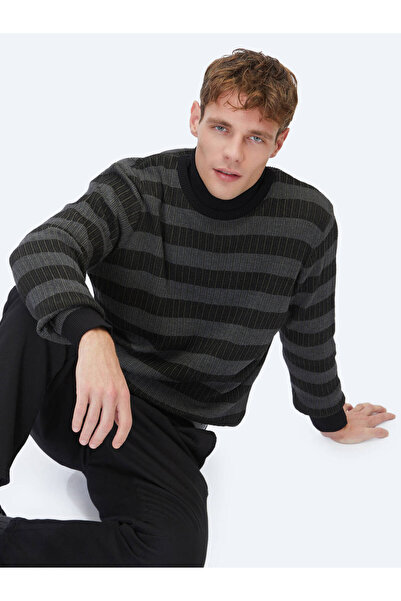 Kip Black Crew Neck Patterned Cotton Blend Sweater Sweater