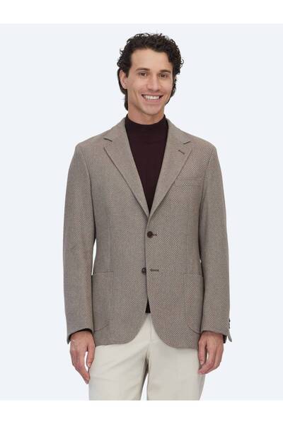 Kip Jachetă modernă, cu model, maro deschis, din amestec de lână