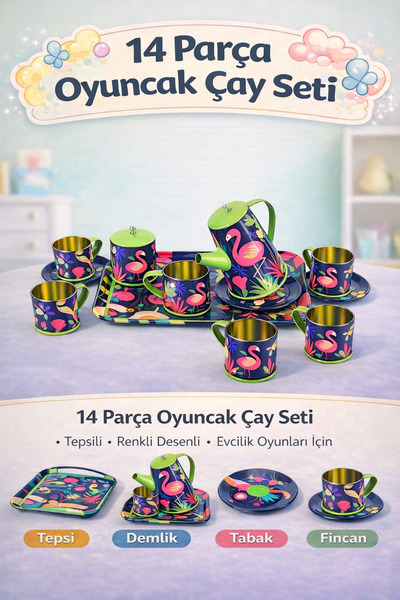 YILDIRIM OYUNCAK Hayvan Figürlü Desenli Metal Çay Seti 14 Parça Oyuncak Evcil...