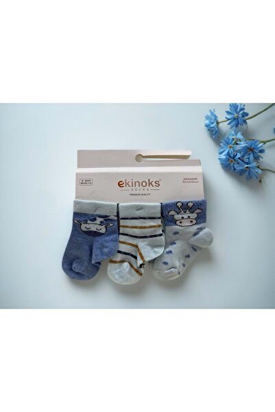 Ekinoks Giraffe Patterned Triple Baby Socks Blue