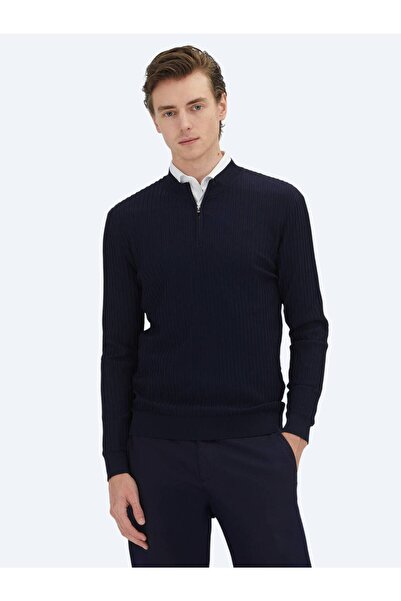 Kip Navy Blue Half Turtleneck Patterned Knitwear Sweater