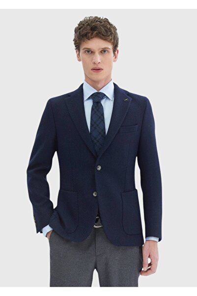 Ramsey Lacivert Desenli Shirt Shoulder Slim Fit Yün Karışımlı Örme Ceket