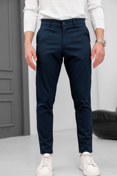 MODAMESTO Men's Navy Blue Slim Fit Lycra Side Pocket Dobby Casual Trousers