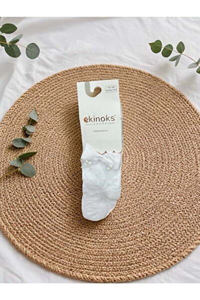Ekinoks جوارب طويلة للفتيات من القطن بدون خياطة مع شريط لؤلؤي باللون الأبيض