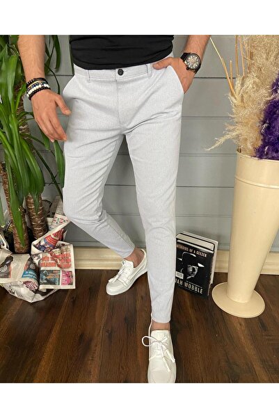 Ser Joven Men's Light Gray Slim Fit Armür Patterned Stretch Fabric Trousers