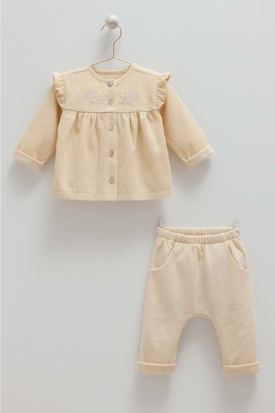 Caramell Soft Style Girl Tricot Suit with Ruffle Detail, Beige