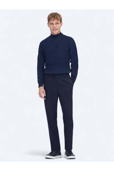 Kip Navy Blue Plain Woven Jogging Fit Casual Trousers
