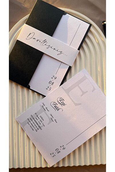 emindijital Siyah Zarflı Kuşaklı Nişan, Nikah, Kına, Düğün Davetiyesi 50 Adet