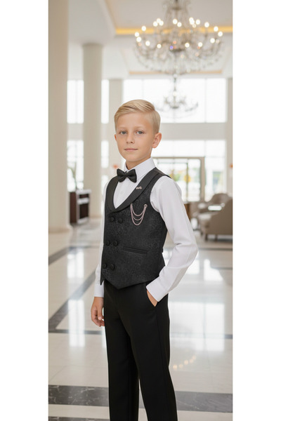 WENA KİDS Children's Vest Suit Shirt Set Patterned Black