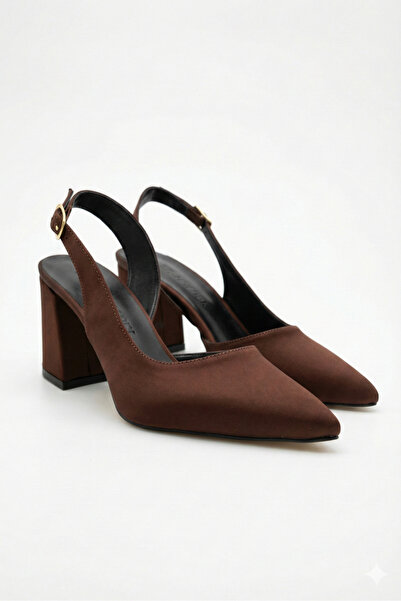 Shoesers Women's Brown Satin Fabric Asymmetrical Strap Pointed Toe Thick Heel...