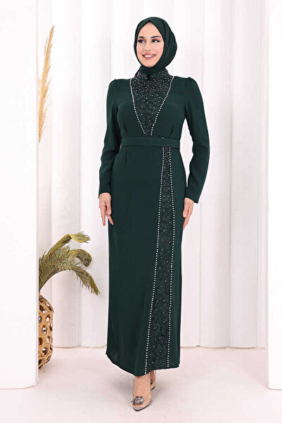 Bym Fashion Taşlı Krep Dantel Elbise 3870 Zümrüt