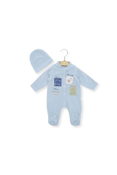 atabay Square Embroidered Velvet Hat and Booties Romper Blue