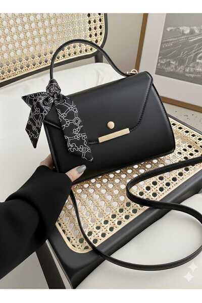 METEBAGS Siyah Suni Deri Fular Detaylı Omuz& El Çantası