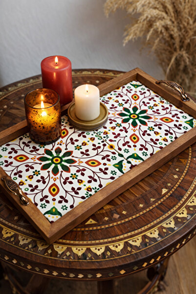 Mr Home Decorative Wooden Tray- Ceramic Printed Tray-