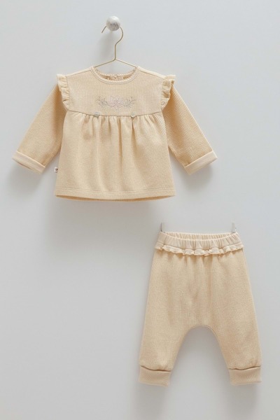 Caramell Soft Style Girl Fluffy Knitwear Bottom Top Set Beige