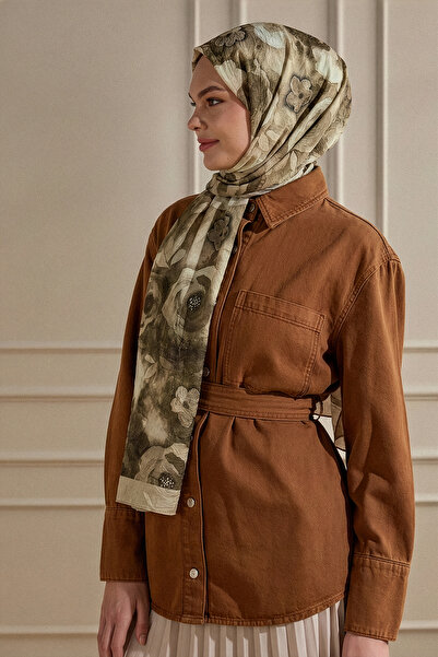 SilkTouch Bej Suluboya Gül Desenli Kraş Şal