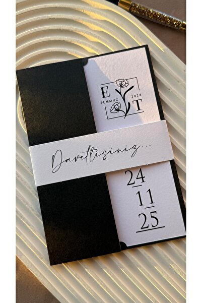 emindijital Siyah Zarflı Kuşaklı Nişan, Nikah, Kına, Düğün Davetiyesi 50 Adet