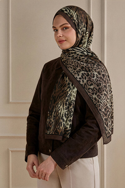 SilkTouch Çikolata Leopar Desenli Müslin Şal