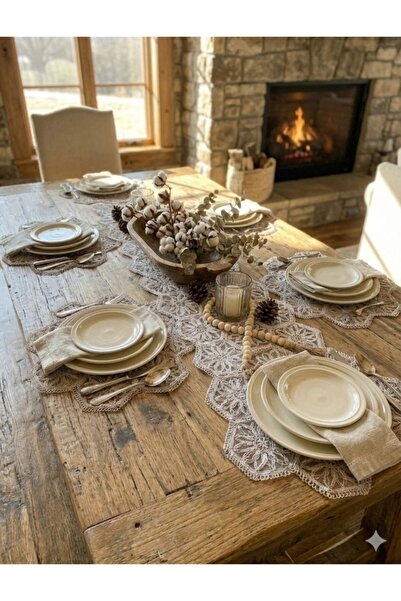 Tilda BSC. & Home Fransız Dantel Detaylı Masa Örtüsü Amerikan Servis, 1 Runne...