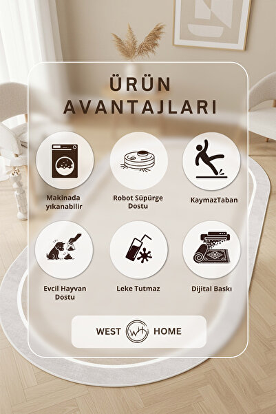 West Home Makinede Yıkanabilir Kaymaz Taban Leke Tutmaz Bej Oval Mutfak Halısı Salon Halısı ve Yolluk