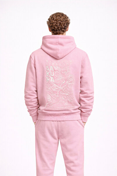 SAKURA Nakış Desenli Unisex Oversize Pembe Sweatshirt