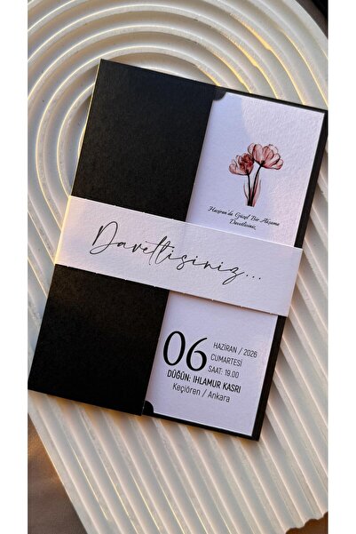 emindijital Siyah Zarflı Kuşaklı Nişan, Nikah, Kına Düğün Davetiyesi 50 Adet