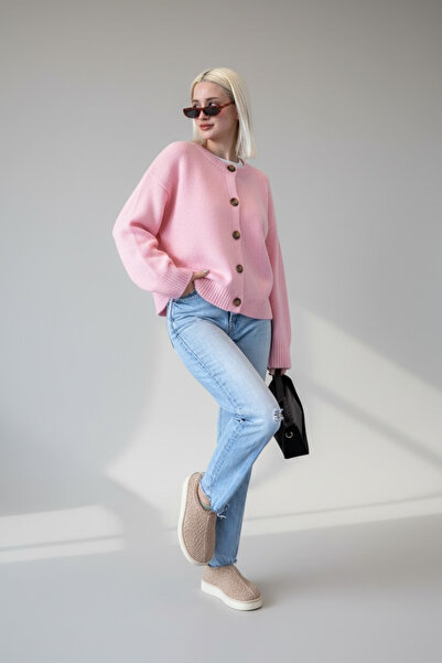 mahira collection Pink Crew Neck Buttoned Women's Fleece-Lined Knitwear Cardigan