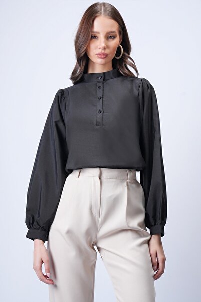 VAGGON Black Judge Collar Half Placket Balloon Sleeve Poplin Woven Shirt