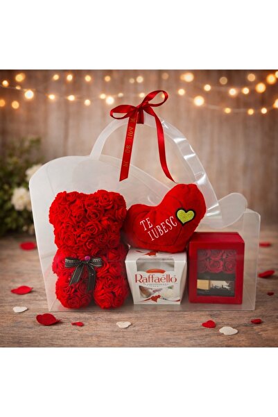 velve Pachet Valentine,pernuta brodata,ursulet din trandafiri spuma 25 cm,pra...