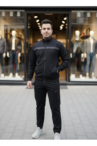 wera Siyah Yeni sezon yakası nakışlı iki iplik erkek eşofman takımı