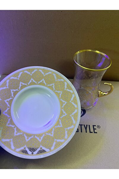 Paşabahçe Osmanlı Motif Gold Baskı Paşabahçe Heybeli Kulplu 12 Parça Çay Seti