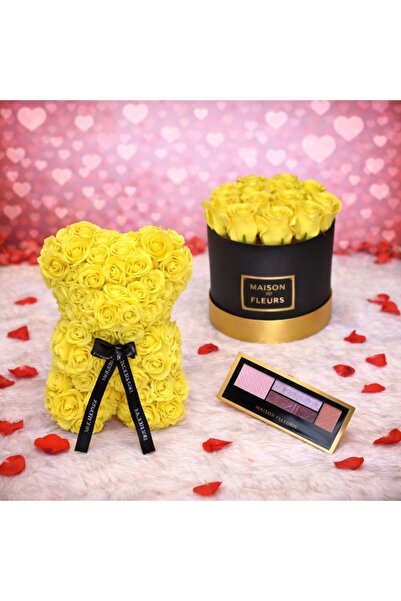velve Gift Set, Floral arrangement round box yellow soap roses, Floral bear 2...