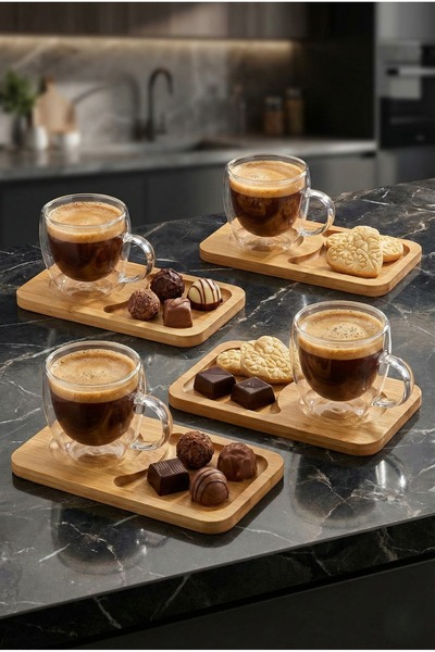 Vivien Home 8parça 4kişilik çift cidarlı bardak ve bambu tabaklı espresso çay...