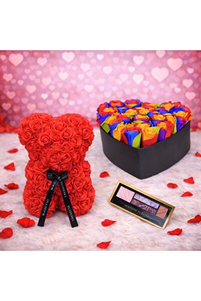 velve Gift Set, Floral arrangement black heart box with soap roses, Red flora...