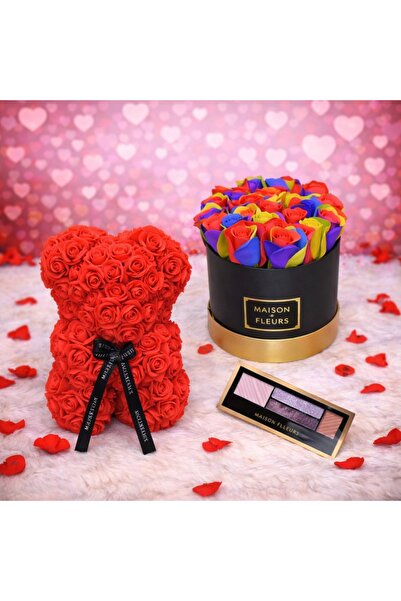 velve Gift Set, Floral arrangement, black round box, soap roses, Red floral b...