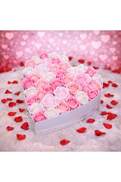 velve Aranjament floral Miracle Love cutie inima cu trandafiri sapun, alb roz...