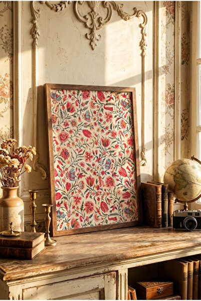 epiqart Kırmızı Çiçek Deseni - Ahşap Desenli Çerçeve