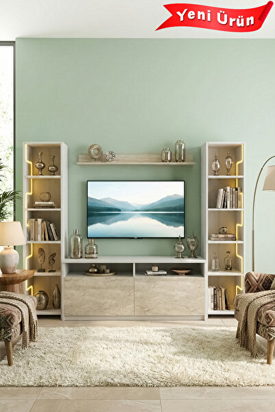 Platinreyon LABİRENT LEDLİ DUVAR TV ÜNİTESİ BEYAZ GÖVDE TRAVERTEN