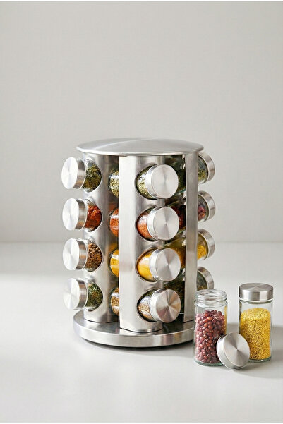 Vivien Home 16lı Paslanmaz Çelik Metal Döner Stantlı Cam Baharatlık Seti 16'li