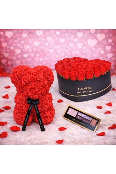 velve Gift Set, Floral arrangement black heart box red soap roses, Red floral...