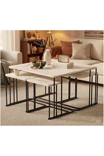 Nokta Sehpa Home 5li TEKERLEKLİ 4+1 YAVRULU ORTA SEHPA siyah metal beyaz merm...