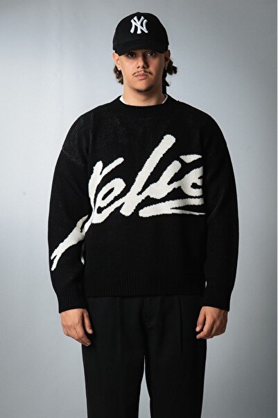 e&e Contrast Script Knit Black Oversized Men's Knitwear Sweater