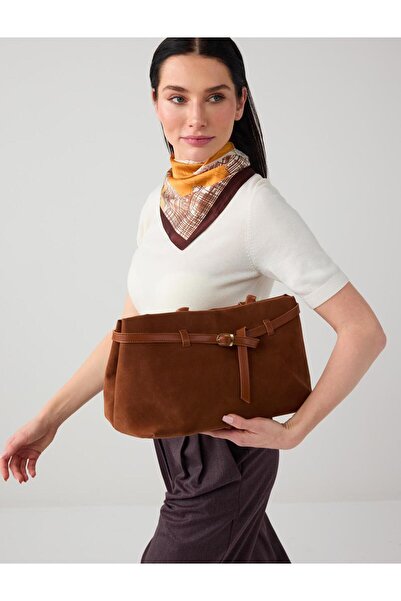 Jimmy Key Kahverengi Deri Görünümlü Kemer Detaylı Süet El Çantası