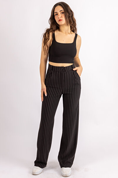FV Palazzo Trousers Oversize Cut Buttoned Striped Lycra Women's Trousers