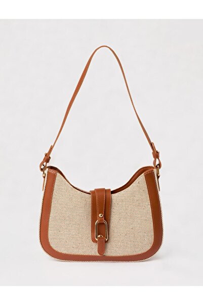 Jimmy Key Καφέ ψάθινη τσάντα ώμου με λεπτομέρεια ζώνης