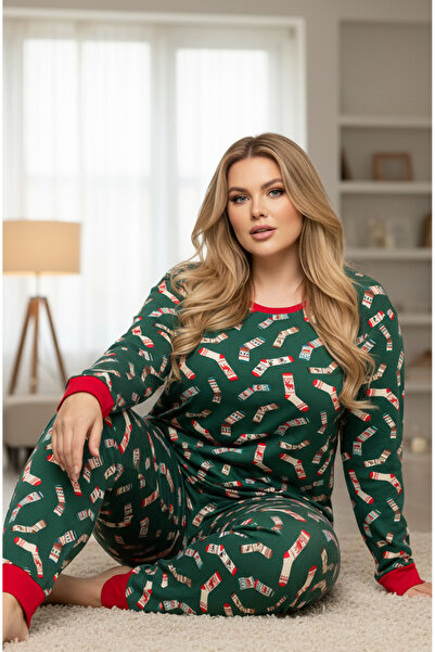 Siyah İnci Πράσινο μοτίβο Curve Plus Size Oversize Βαμβακερό κοστούμι πιτζάμε...