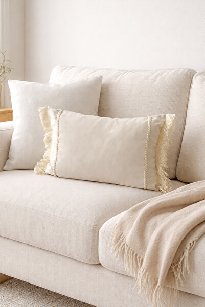 RİTMOHOME Püsküllü Saçaklı Iskandinav Krem Kırlent Kılıfı