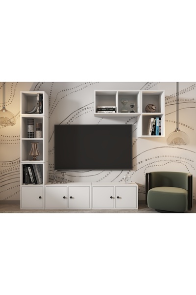 Nettrends Eva Kitaplıklı Duvar Raflı 5 Kapaklı Modern Beyaz Tv Ünitesi HVV-TV...